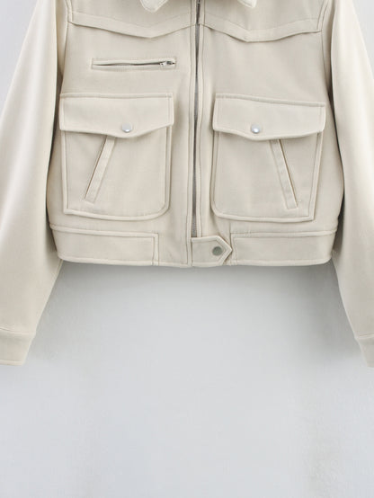 Women Clothing Autumn Collared Long Sleeve Pocket Decoration Design Jacket Varsity Jacket Women - Iyanka