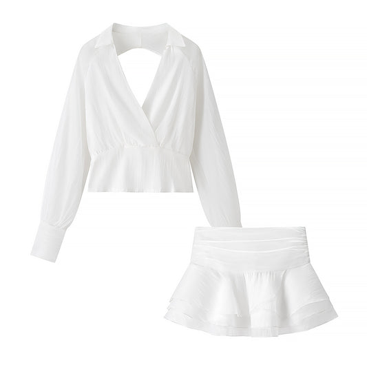 Vintage Collared Edge Deep V Plunge neck Long Sleeve Waist Short Shirt Bare Back plus High Waist Pleated Little Short Dress - Iyanka