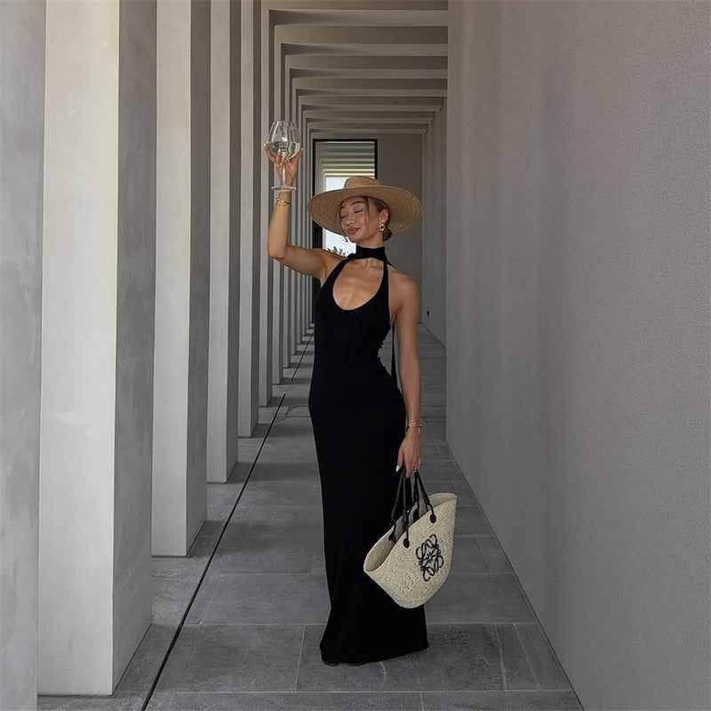 Women Clothing Summer Solid Color U Shaped Collar Sleeveless Halter Ribbon Backless Dress