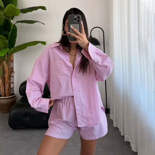 Summer Striped Cardigan Long Sleeved Women Shirt Shorts Two Piece Set - Iyanka