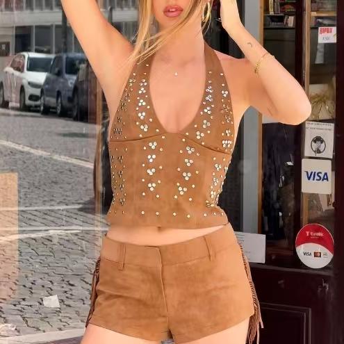 Women Clothing Fall Backless Halter Vest Tassel Shorts Two Piece Sets Women - Iyanka