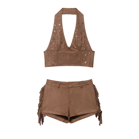 Women Clothing Fall Backless Halter Vest Tassel Shorts Two Piece Sets Women - Iyanka