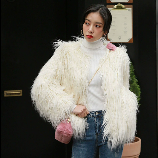 Autumn Winter Imitated Tibet Sheep Fur Fur Coat Women Mid Length Slim Fit Fashionable Slimming Lamb Long Fur Wool Coat - Iyanka