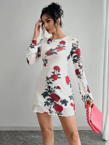 Spring Summer Lady Sexy Floral Backless Gauzy Bell Sleeve Mini Dress - Iyanka
