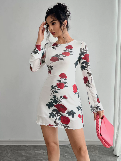 Spring Summer Lady Sexy Floral Backless Gauzy Bell Sleeve Mini Dress - Iyanka