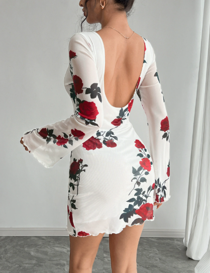 Spring Summer Lady Sexy Floral Backless Gauzy Bell Sleeve Mini Dress - Iyanka