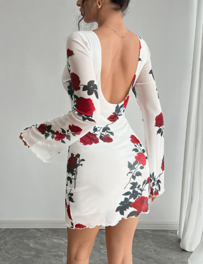 Spring Summer Lady Sexy Floral Backless Gauzy Bell Sleeve Mini Dress - Iyanka