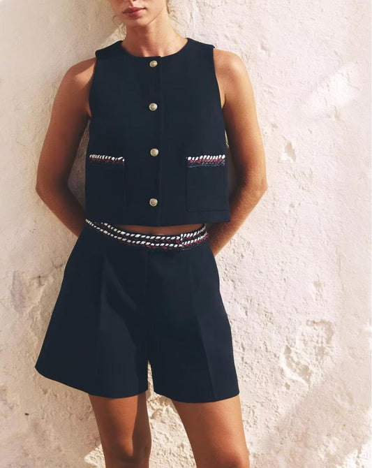 Women Clothing Summer Fancy Trim Vest Jacket Casual Shorts Two Piece Sets - Iyanka