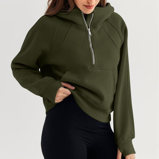 Half Zipper Pullover Hooded Sweatshirt Fleece Short Chic Scuba Sweater for Women - Iyanka