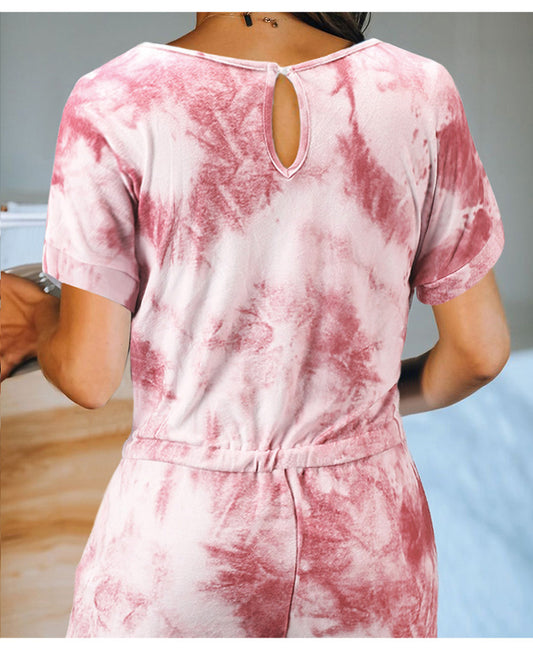 Tie-Dyed One-Piece Pajamas Women Summer Loose Short Sleeve round Neck Ladies Homewear - Iyanka