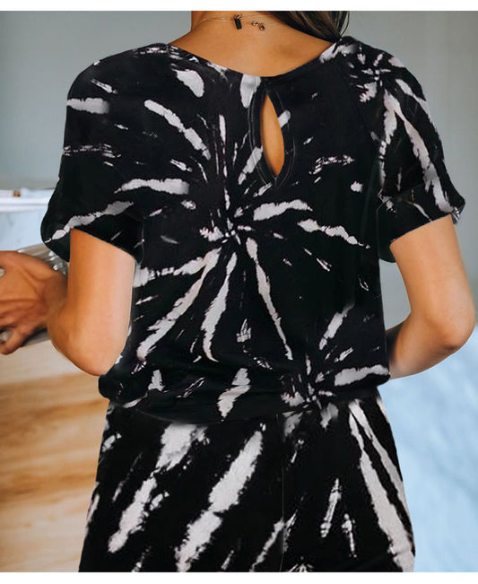 Tie-Dyed One-Piece Pajamas Women Summer Loose Short Sleeve round Neck Ladies Homewear - Iyanka