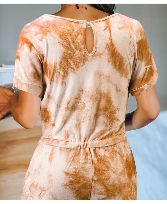 Tie-Dyed One-Piece Pajamas Women Summer Loose Short Sleeve round Neck Ladies Homewear - Iyanka