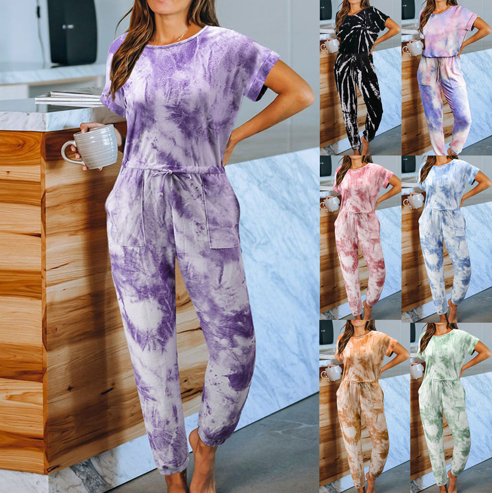 Tie-Dyed One-Piece Pajamas Women Summer Loose Short Sleeve round Neck Ladies Homewear - Iyanka