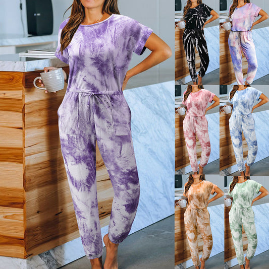 Tie-Dyed One-Piece Pajamas Women Summer Loose Short Sleeve round Neck Ladies Homewear - Iyanka