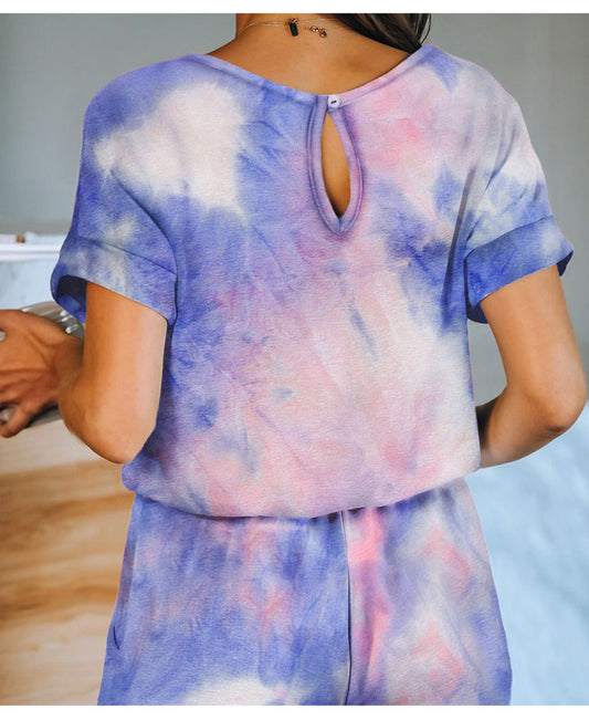Tie-Dyed One-Piece Pajamas Women Summer Loose Short Sleeve round Neck Ladies Homewear - Iyanka