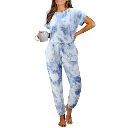 Tie-Dyed One-Piece Pajamas Women Summer Loose Short Sleeve round Neck Ladies Homewear - Iyanka