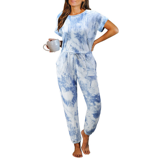 Tie-Dyed One-Piece Pajamas Women Summer Loose Short Sleeve round Neck Ladies Homewear - Iyanka