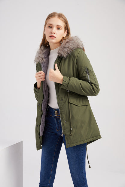 Size Big Fur Collar Thickened Women Cotton-Padded Coat Mid-Length Hooded Winter Warm Fleece Overcoat Cotton-Padded Coat - Iyanka