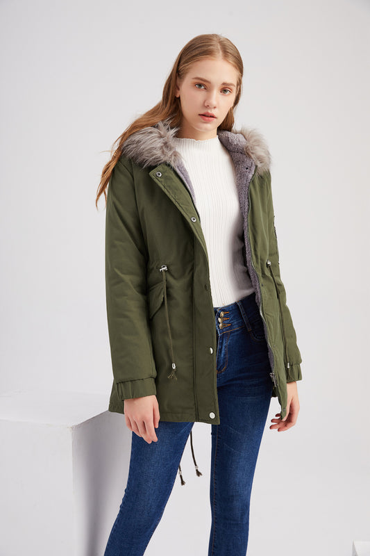 Size Big Fur Collar Thickened Women Cotton-Padded Coat Mid-Length Hooded Winter Warm Fleece Overcoat Cotton-Padded Coat - Iyanka
