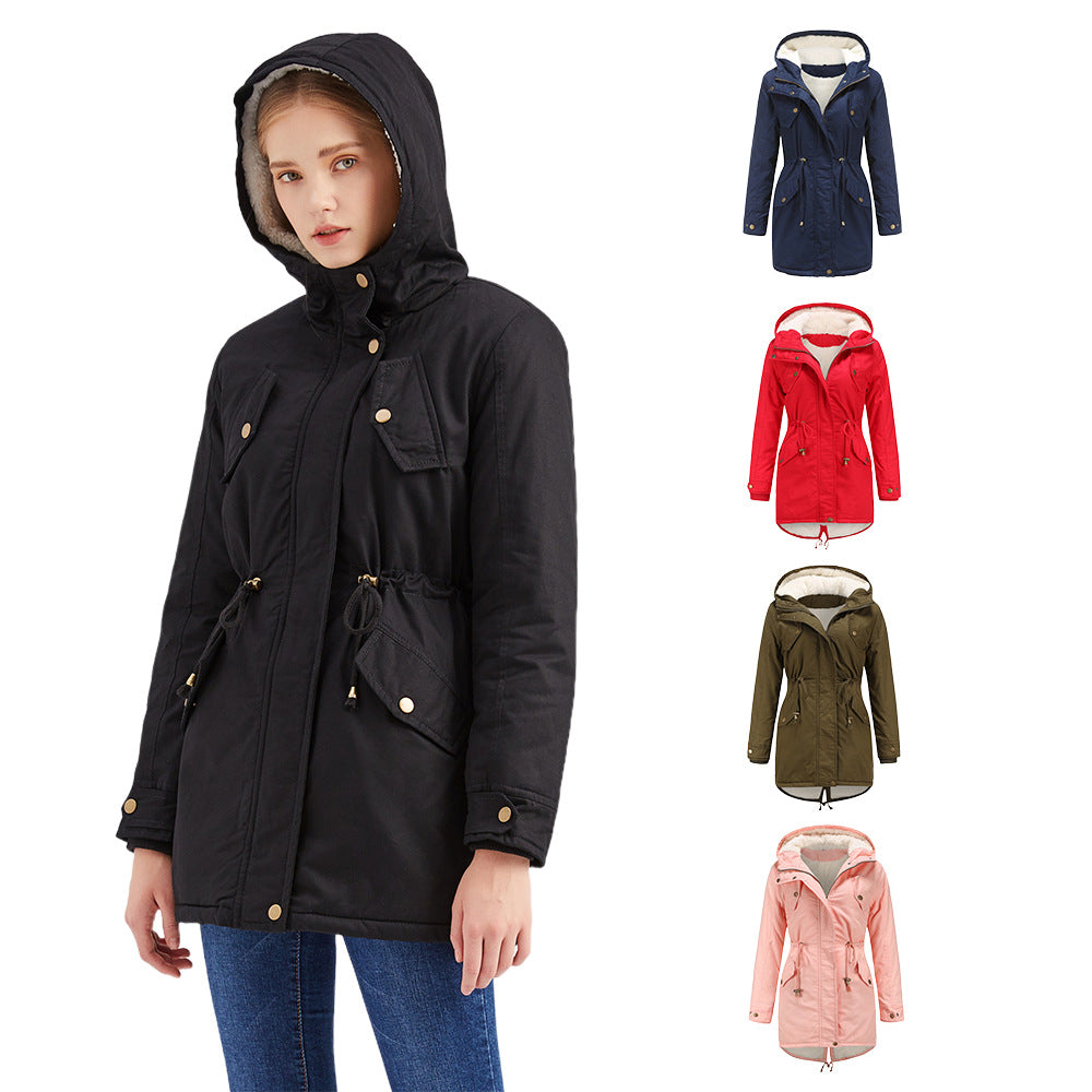 Size Autumn Winter New Women Cotton-Padded Coat Women Solid Color Hooded Drawstring Cinched Thickening Cotton-Padded Coat Velvet Cotton Clothes - Iyanka