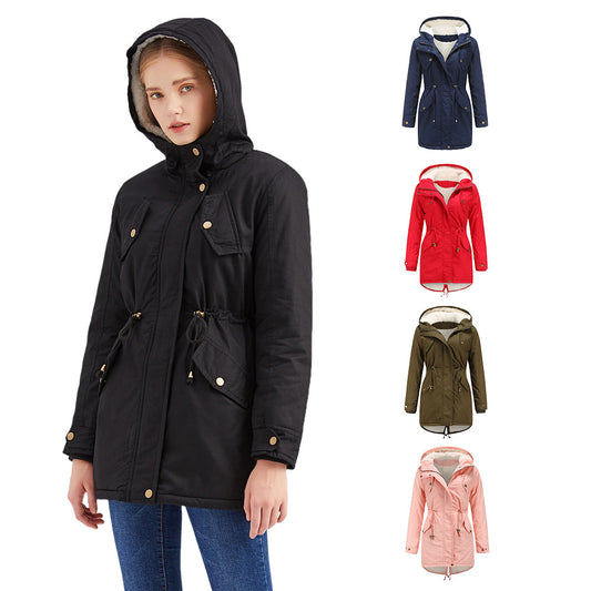 Size Autumn Winter New Women Cotton-Padded Coat Women Solid Color Hooded Drawstring Cinched Thickening Cotton-Padded Coat Velvet Cotton Clothes - Iyanka