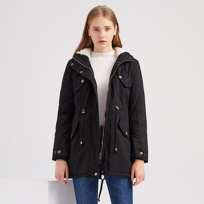 Size Autumn Winter New Women Cotton-Padded Coat Women Solid Color Hooded Drawstring Cinched Thickening Cotton-Padded Coat Velvet Cotton Clothes - Iyanka