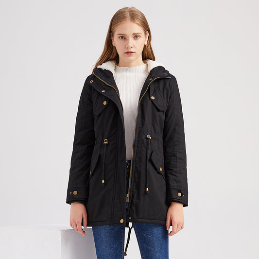 Size Autumn Winter New Women Cotton-Padded Coat Women Solid Color Hooded Drawstring Cinched Thickening Cotton-Padded Coat Velvet Cotton Clothes - Iyanka