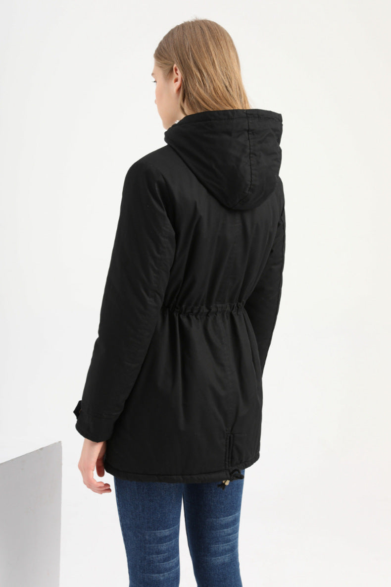 Size Autumn Winter New Women Cotton-Padded Coat Women Solid Color Hooded Drawstring Cinched Thickening Cotton-Padded Coat Velvet Cotton Clothes - Iyanka