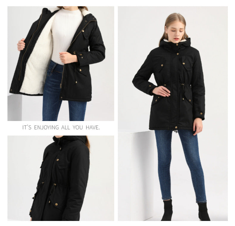 Size Autumn Winter New Women Cotton-Padded Coat Women Solid Color Hooded Drawstring Cinched Thickening Cotton-Padded Coat Velvet Cotton Clothes - Iyanka