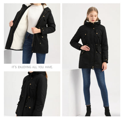 Size Autumn Winter New Women Cotton-Padded Coat Women Solid Color Hooded Drawstring Cinched Thickening Cotton-Padded Coat Velvet Cotton Clothes - Iyanka