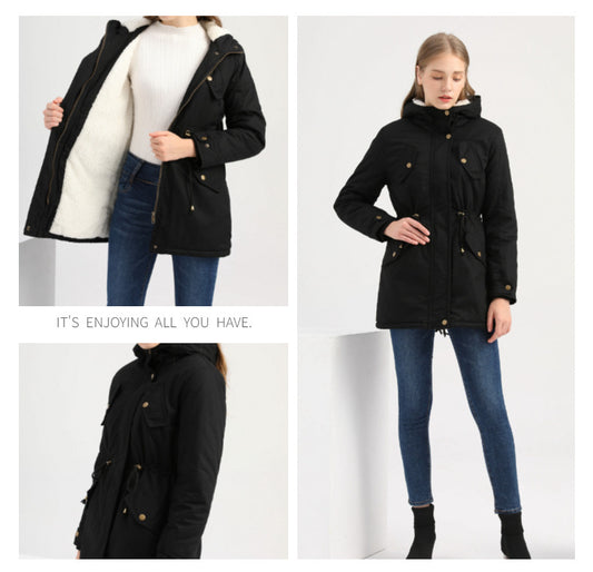 Size Autumn Winter New Women Cotton-Padded Coat Women Solid Color Hooded Drawstring Cinched Thickening Cotton-Padded Coat Velvet Cotton Clothes - Iyanka