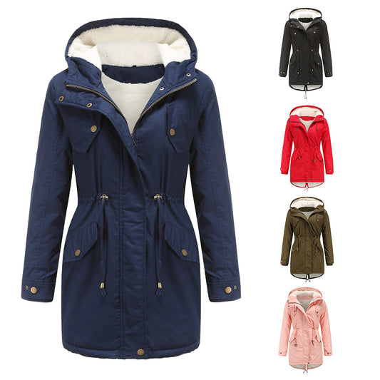 Size Autumn Winter New Women Cotton-Padded Coat Women Solid Color Hooded Drawstring Cinched Thickening Cotton-Padded Coat Velvet Cotton Clothes - Iyanka