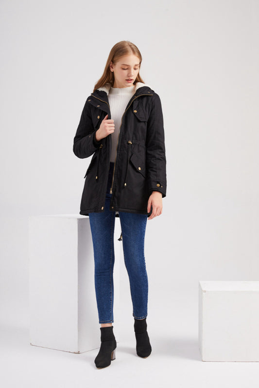 Size Autumn Winter New Women Cotton-Padded Coat Women Solid Color Hooded Drawstring Cinched Thickening Cotton-Padded Coat Velvet Cotton Clothes - Iyanka