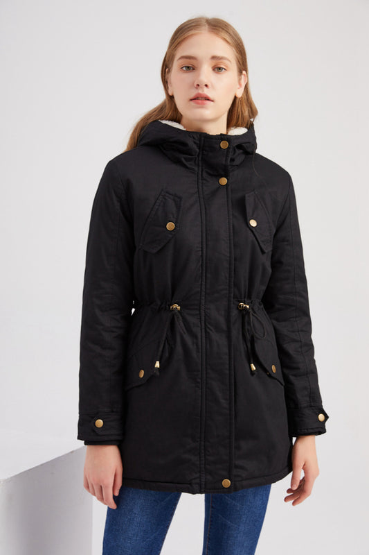 Size Autumn Winter New Women Cotton-Padded Coat Women Solid Color Hooded Drawstring Cinched Thickening Cotton-Padded Coat Velvet Cotton Clothes - Iyanka