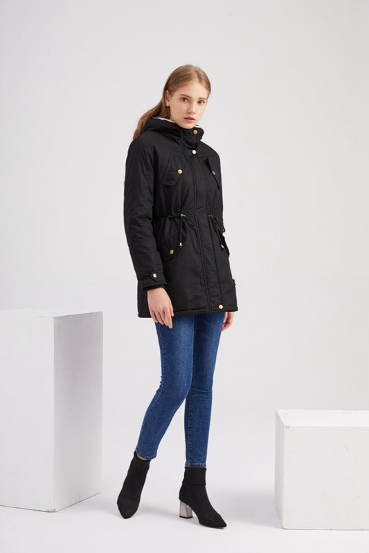 Size Autumn Winter New Women Cotton-Padded Coat Women Solid Color Hooded Drawstring Cinched Thickening Cotton-Padded Coat Velvet Cotton Clothes - Iyanka