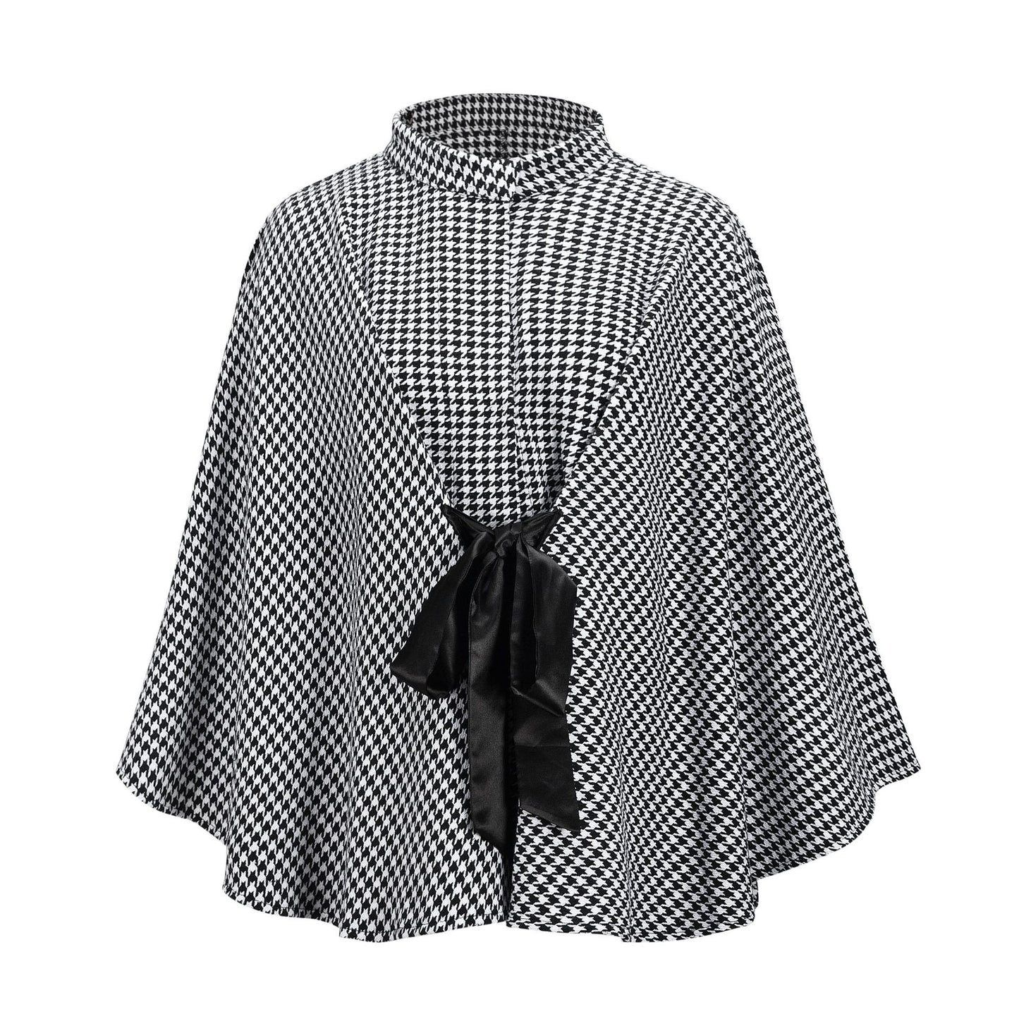 Autumn Winter Women Coat Houndstooth Woolen Coat Loose Lace-up Cloak Robe Top - Iyanka