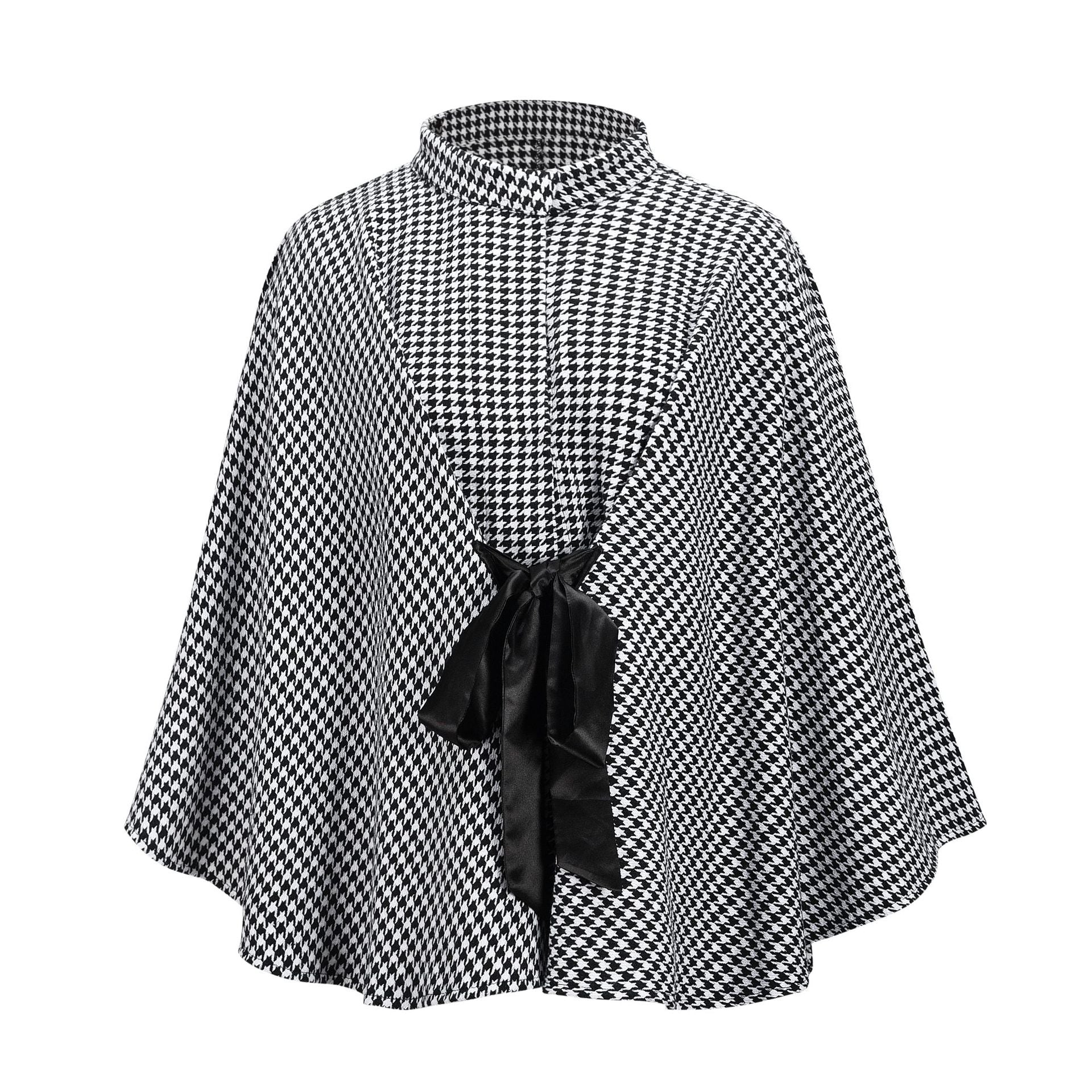 Autumn Winter Women Coat Houndstooth Woolen Coat Loose Lace-up Cloak Robe Top - Iyanka