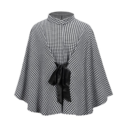 Autumn Winter Women Coat Houndstooth Woolen Coat Loose Lace-up Cloak Robe Top - Iyanka