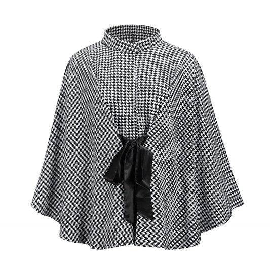 Autumn Winter Women Coat Houndstooth Woolen Coat Loose Lace-up Cloak Robe Top - Iyanka