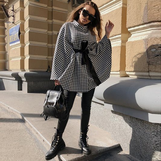 Autumn Winter Women Coat Houndstooth Woolen Coat Loose Lace-up Cloak Robe Top - Iyanka