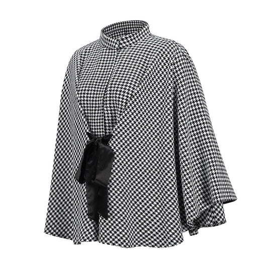 Autumn Winter Women Coat Houndstooth Woolen Coat Loose Lace-up Cloak Robe Top - Iyanka