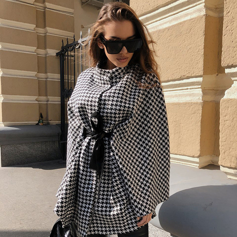Autumn Winter Women Coat Houndstooth Woolen Coat Loose Lace-up Cloak Robe Top - Iyanka