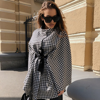 Autumn Winter Women Coat Houndstooth Woolen Coat Loose Lace-up Cloak Robe Top - Iyanka