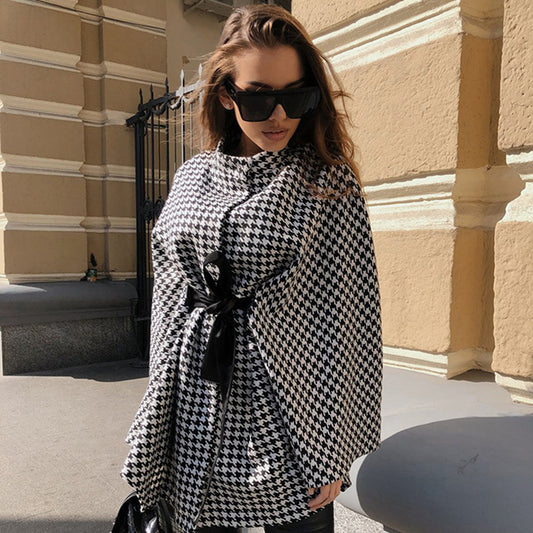 Autumn Winter Women Coat Houndstooth Woolen Coat Loose Lace-up Cloak Robe Top - Iyanka