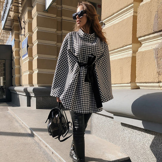 Autumn Winter Women Coat Houndstooth Woolen Coat Loose Lace-up Cloak Robe Top - Iyanka