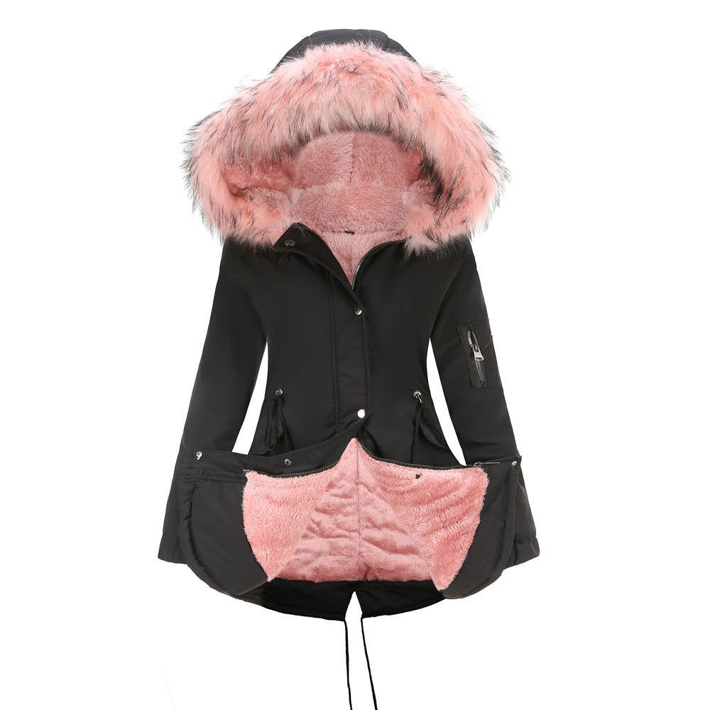 Size Big Fur Collar Thickened Women Cotton-Padded Coat Mid-Length Hooded Winter Warm Fleece Overcoat Cotton-Padded Coat - Iyanka