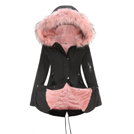 Size Big Fur Collar Thickened Women Cotton-Padded Coat Mid-Length Hooded Winter Warm Fleece Overcoat Cotton-Padded Coat - Iyanka