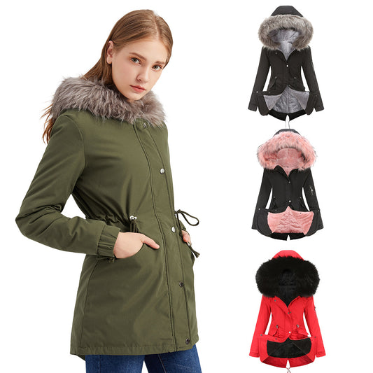 Size Big Fur Collar Thickened Women Cotton-Padded Coat Mid-Length Hooded Winter Warm Fleece Overcoat Cotton-Padded Coat - Iyanka