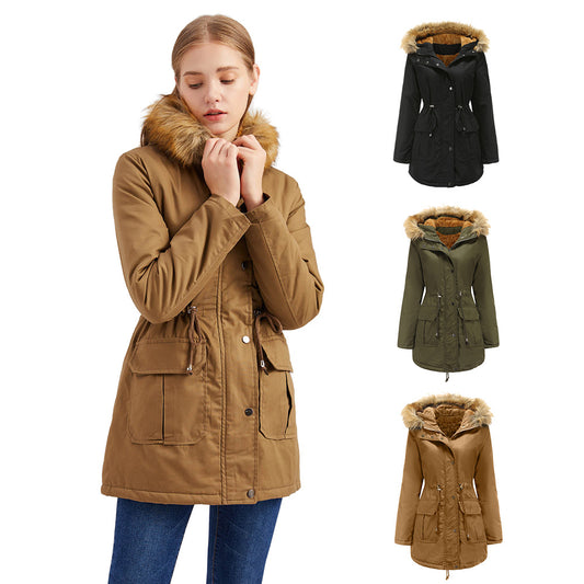 New Size Fleece Lined Coat Hooded Fur Collar Winter Warm Coat Plus Size Women Cotton-Padded Jacket - Iyanka