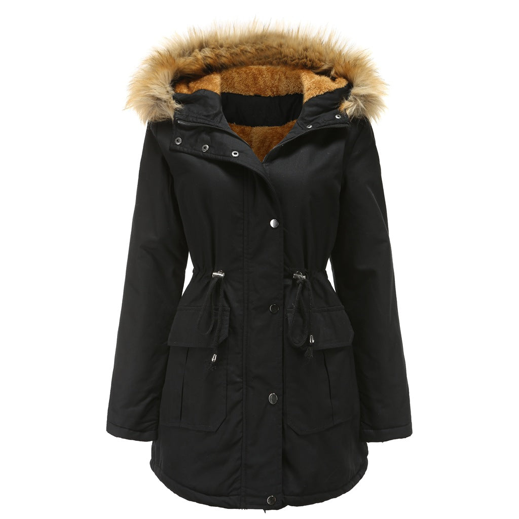 New Size Fleece Lined Coat Hooded Fur Collar Winter Warm Coat Plus Size Women Cotton-Padded Jacket - Iyanka